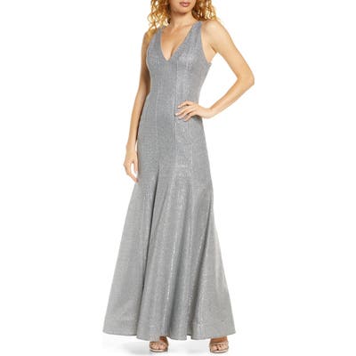 Sequin Hearts Glitter V-Neck Trumpet Gown, Metallic