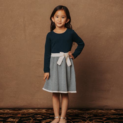 Shop Hope & Henry Girls' Skater Sweater Dress With Bow, Toddler In Navy Herringbone Colorblock