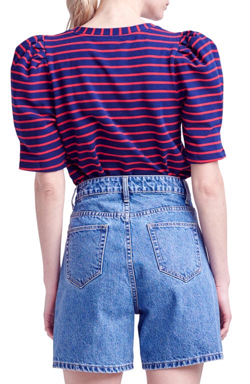 English Factory Stripe Puff Sleeve Top In Navy/red