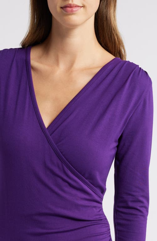 Shop Loveappella Long Sleeve Faux Wrap Midi Dress In Dark Purple