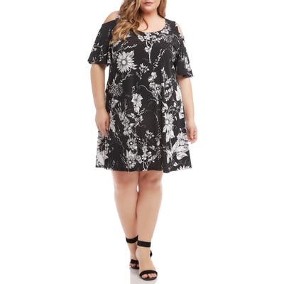Plus Size Karen Kane Floral Cold Shoulder Swing Dress, Black