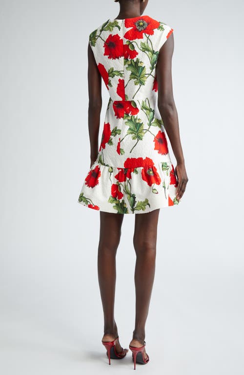 Shop Oscar De La Renta Poppy Print Cap Sleeve Flounce Hem Cotton Blend Minidress In White/red