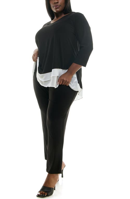 Shop Nina Leonard V-neck Tulip Top & Slim Leg Pants Set In Black/ivory/black