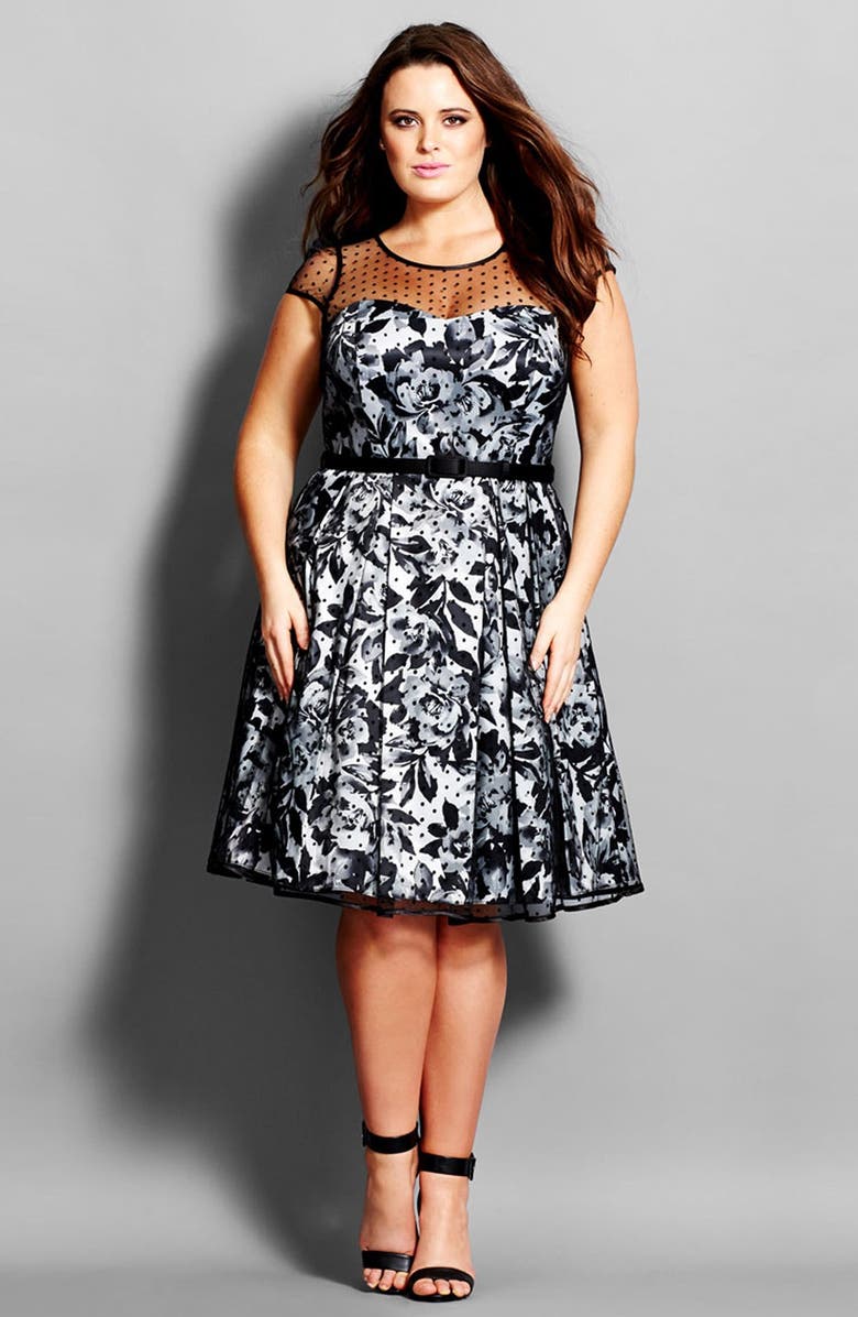 City Chic 'Polka Dot Rose' Illusion Yoke Fit & Flare Dress (Plus Size ...
