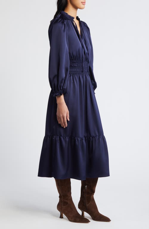 Shop Eliza J Ruffle Trim Long Sleeve Satin Dress In Navy