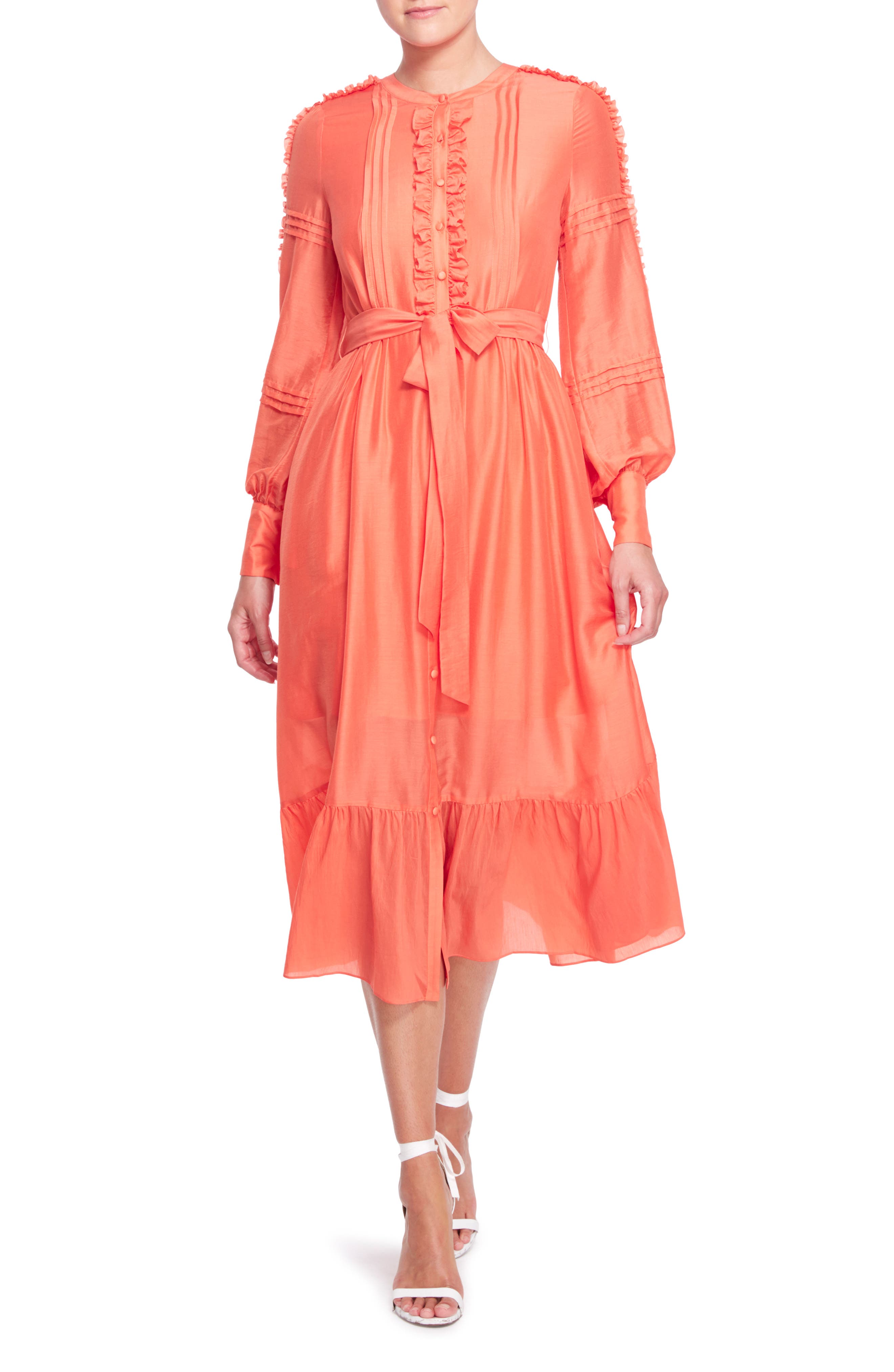 Marchesa Notte Tie Waist Button Front Bishop Sleeve Midi Dress in Orange