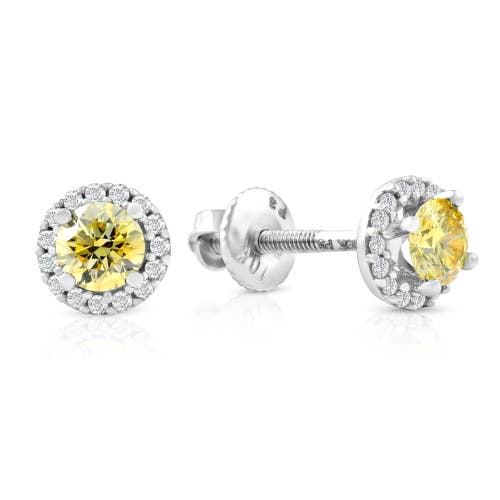 Bliss Diamond 1/2 Ct Halo Fancy Canary Lab Grown Diamond Studs 10k Gold Earrings In 10k White Gold