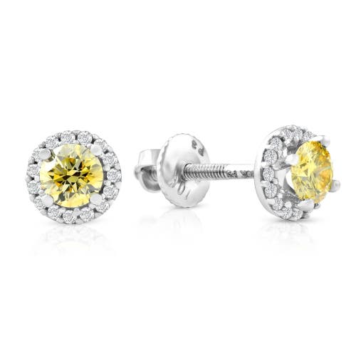 Shop Bliss Diamond 1/2 Ct Halo Fancy Canary Lab Grown Diamond Studs 10k Gold Earrings In 10k White Gold