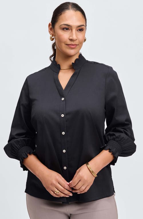 Foxcroft Elora Scallop Cotton Blend Button-up Shirt In Black