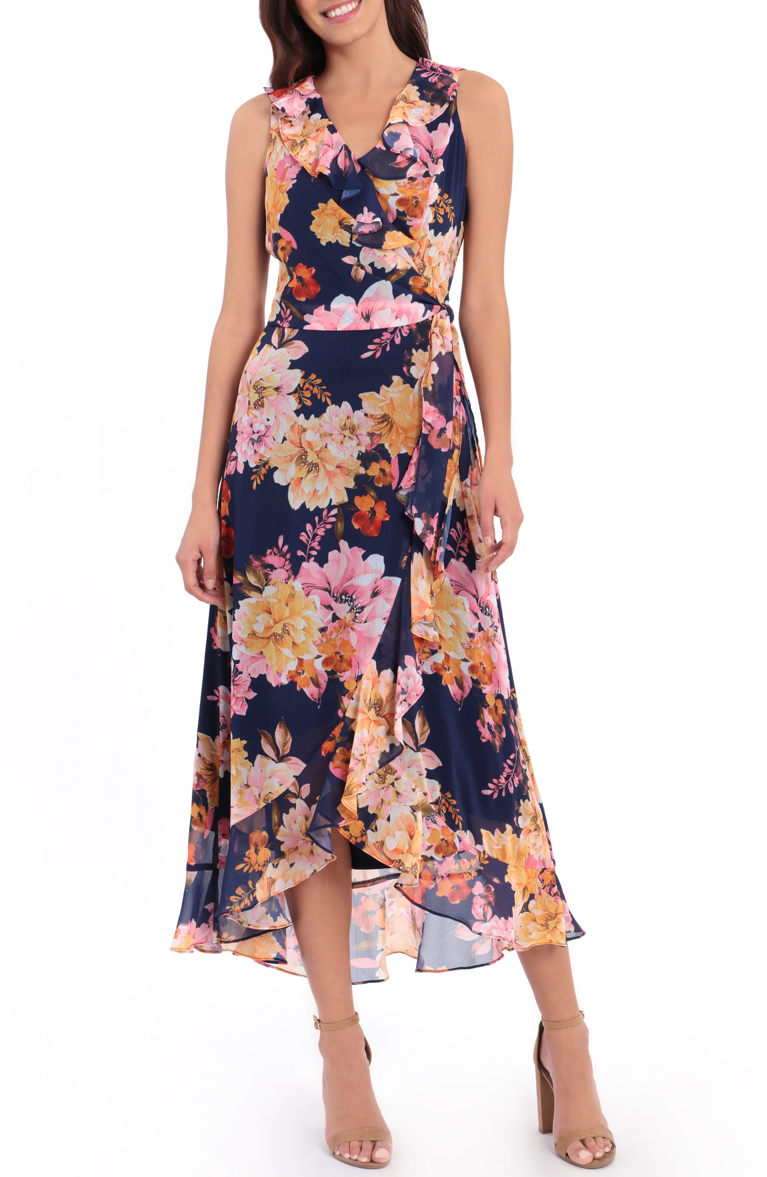 London Times Femme Floral Yoryu Ruffle Hem Dress In Blue Multi