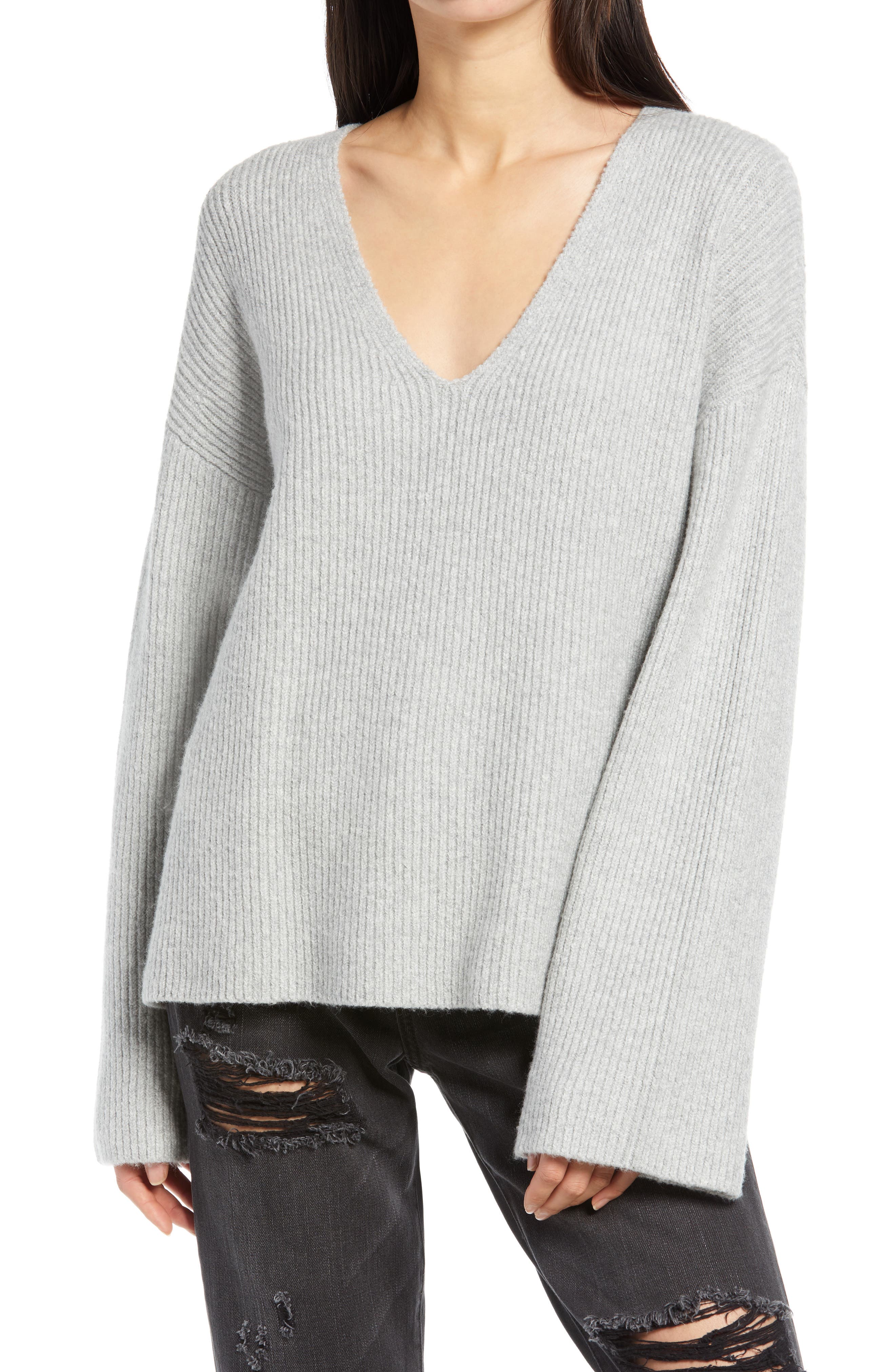 Treasure & Bond V-neck Rib Stitch Sweater In Grey Heather