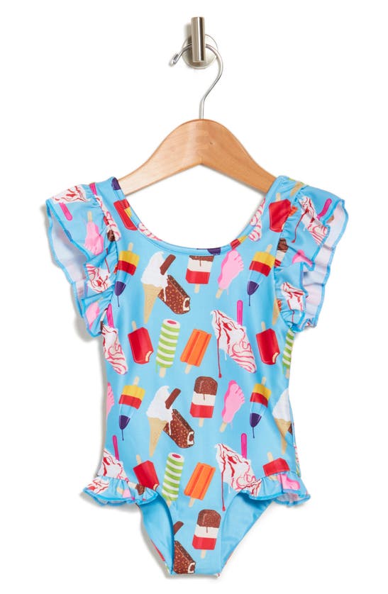 Shop Boardies Kids'  Ice Cream Ruffle One-piece Swimsuit In Blue Multi