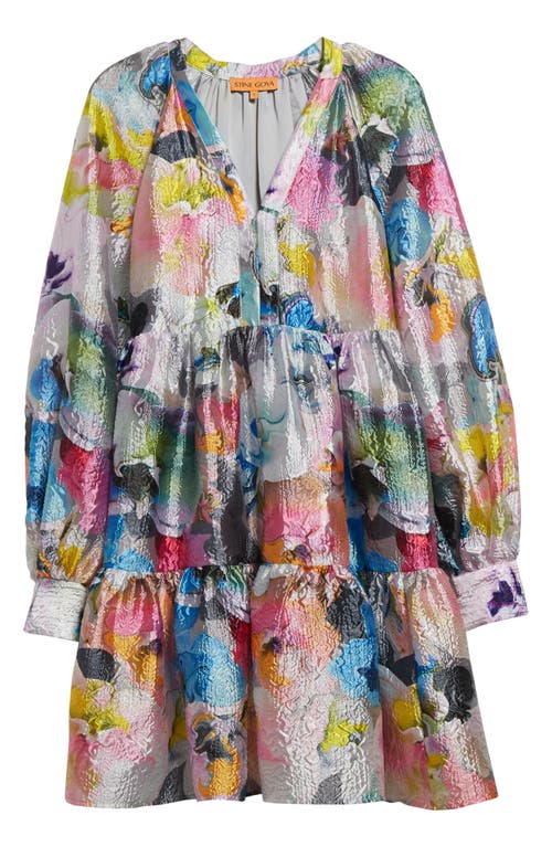 Jasmine Orchid Print Long Sleeve Cloqué Tiered Dress in Liquified Orchid