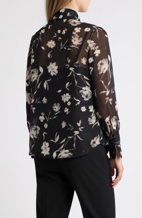 Shop Anne Klein Floral Sheer Tie Neck Button-up Shirt In Anne Black Multi