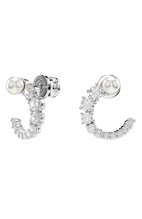 Swarovski Crystal Pearl, Round Cut, White, Matrix Hoop Earrings In Silver