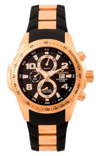 Aquaswiss Trax Ii Silicone Strap Watch, 43mm X 53mm In Black/rosegold