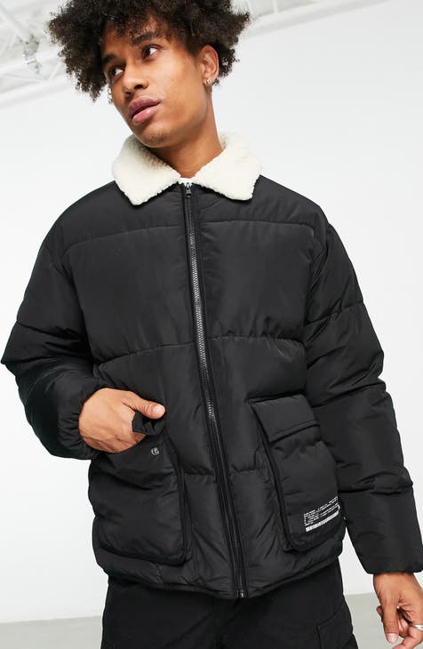 Topman faux leather puffer jacket in black