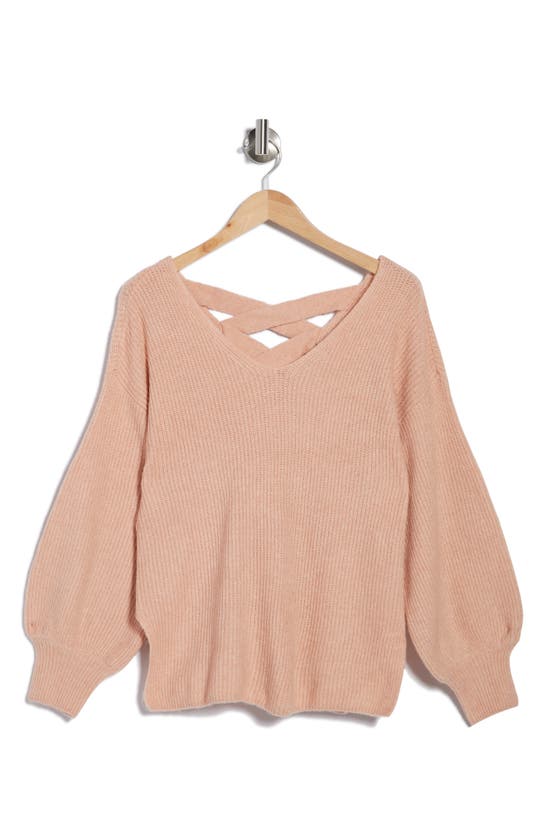 1.state V-neck Balloon Sleeve Lattice Back Rib Knit Sweater In Misty Pink 610
