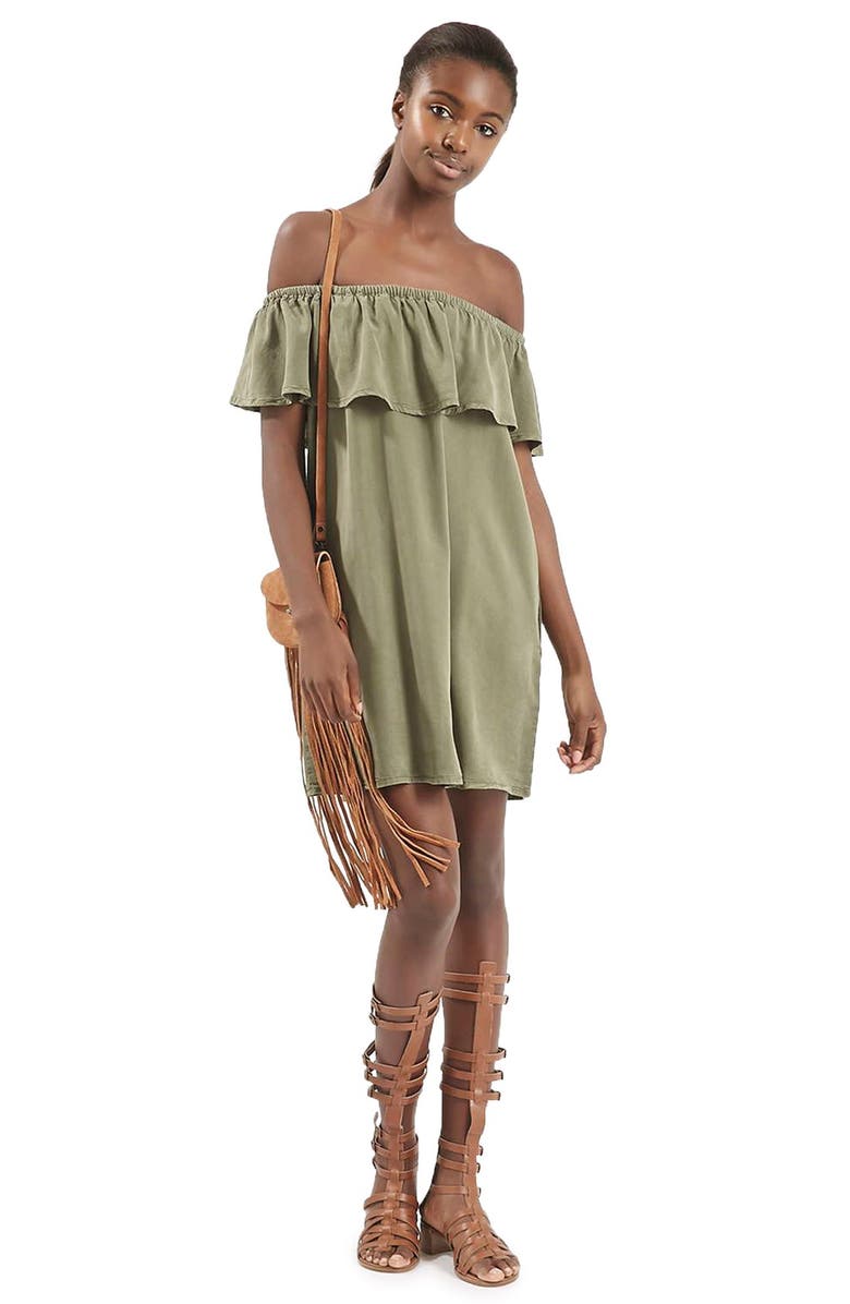 TOPSHOP Ruffled Off the Shoulder Dress, Main, color, OLIVE