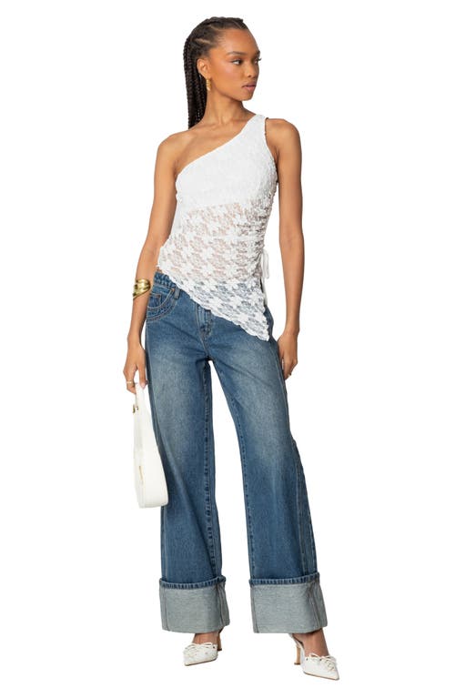 Shop Edikted Sheer Lace One-shoulder Asymmetric Top In White