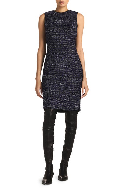 Metallic Bouclette Tweed Sleeveless Sheath Dress in Purple/Black Multi