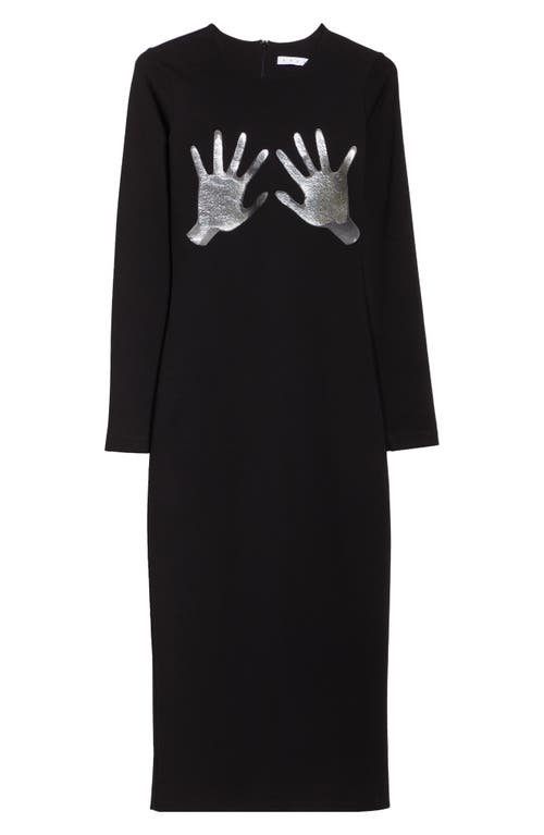 Area Metallic Handprint Long Sleeve Ponte Knit Midi Dress In Black