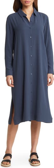 Eileen Fisher Spread Collar Long Sleeve Georgette Crepe Silk Shirtdress ...