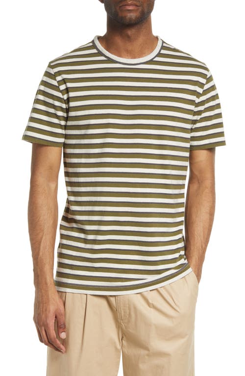 Officine Générale Men's Stripe Short Sleeve Cotton T-Shirt in Moon/Green/Grey