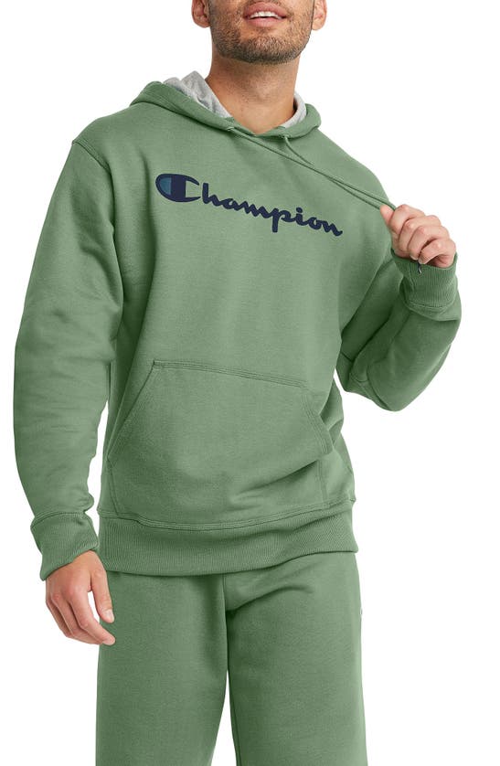 Champion Powerblend Graphic Drawstring Hoodie In All About Olive