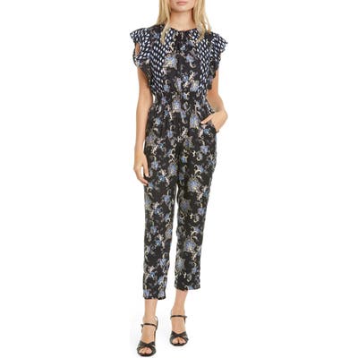 Rebecca Taylor Paisley Flutter Sleeve Silk Blend Jumpsuit, Black