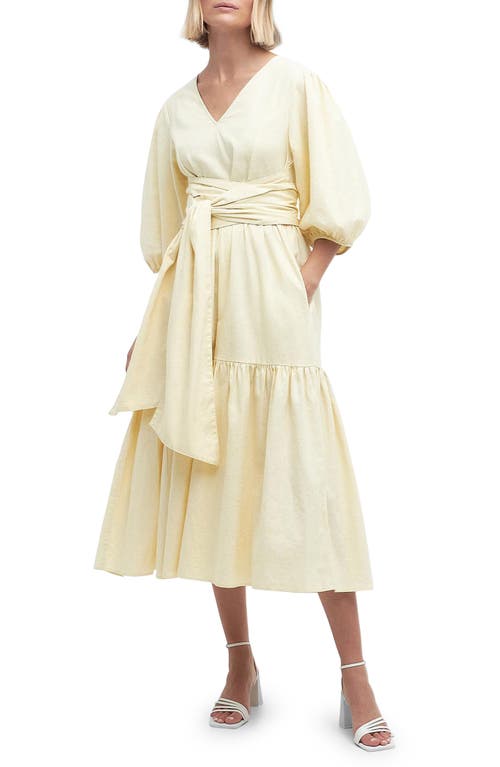 Annie Puff Sleeve Linen & Cotton Midi Dress in Lemon Souffle