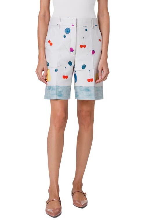 Fruit Print Cotton & Silk Blend Bermuda Shorts in Greige-Multicolor