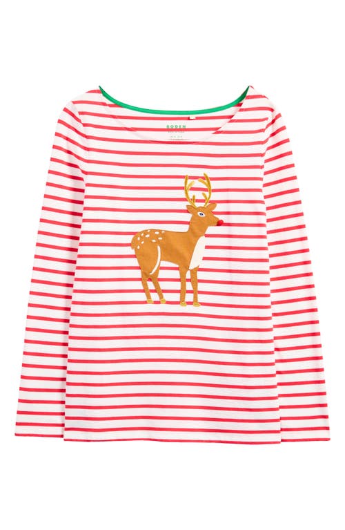 Boden Ella Stripe Appliqué Cotton T-Shirt in Red Reindeer Stripe 