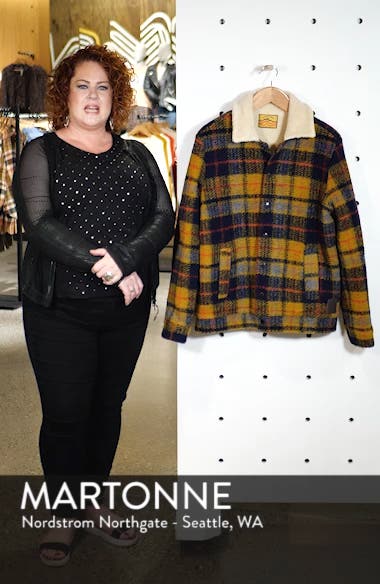 plaid faux shearling lined wool blend trucker jacket