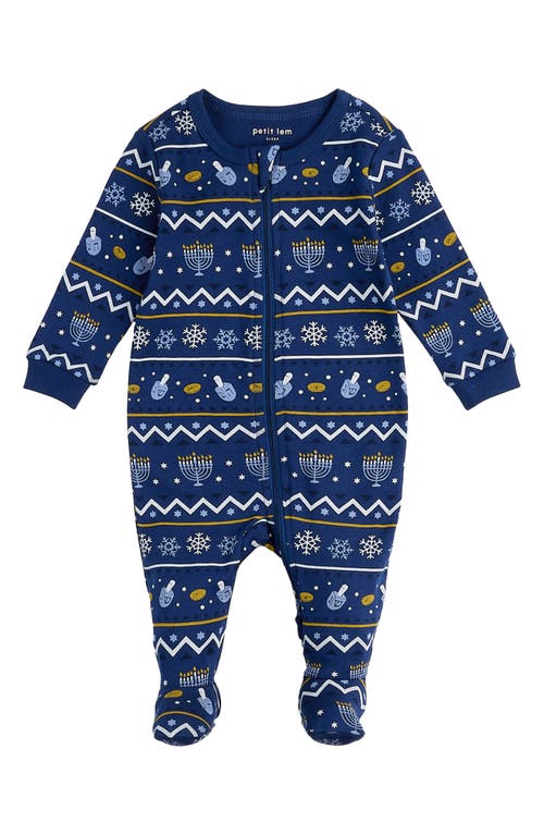 Petit Lem Hanukkah Fair Isle Print Cotton Footed One-Piece Pajamas in Navy 