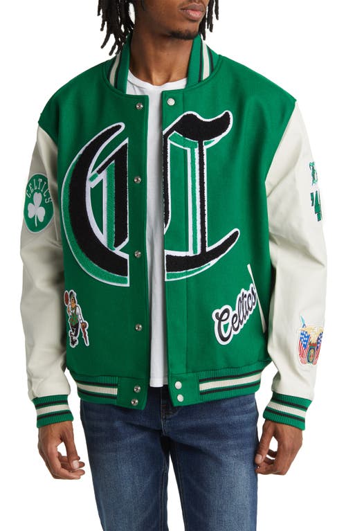 JEFF HAMILTON Boston Celtics Block Letter Wool Blend Varsity Jacket in Green