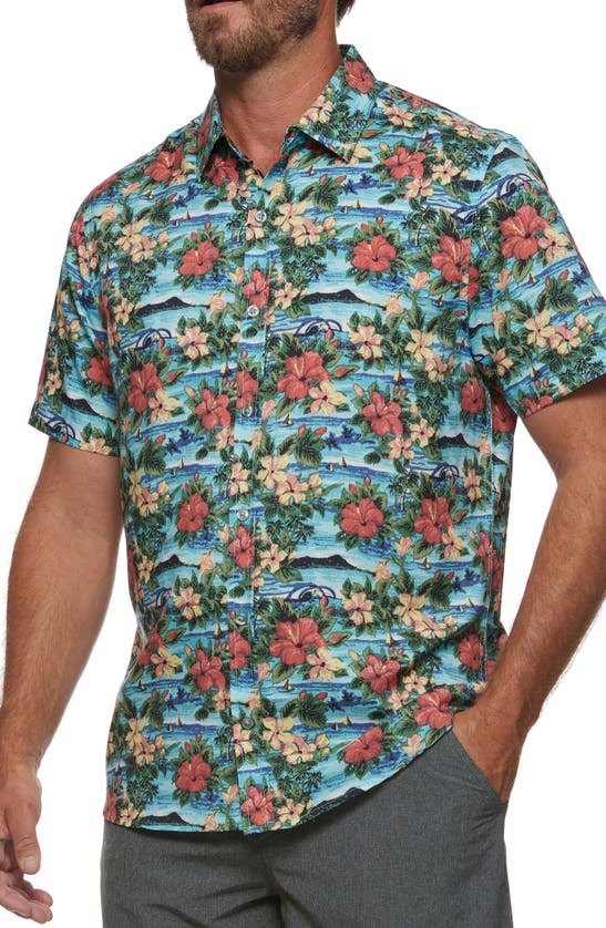 Flag And Anthem Tropical Floral Print Short Sleeve Performance Shirt In Aqua Multi