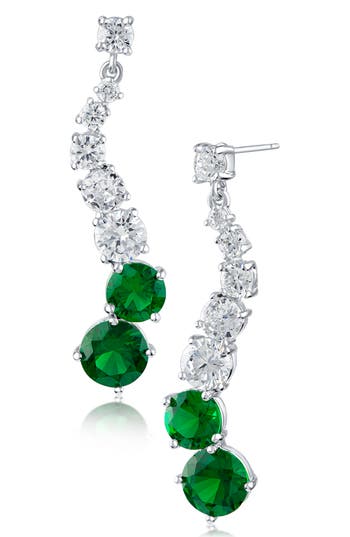 Shop Cz By Kenneth Jay Lane Graduated Round Cz Drop Earrings In Emerald/silver