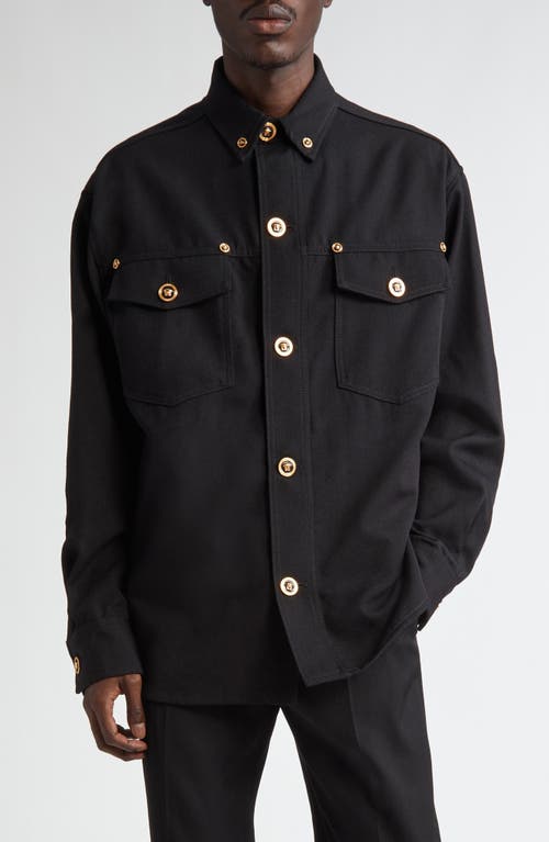 Versace Wool Gabardine Button-Down Overshirt Black at Nordstrom, Us