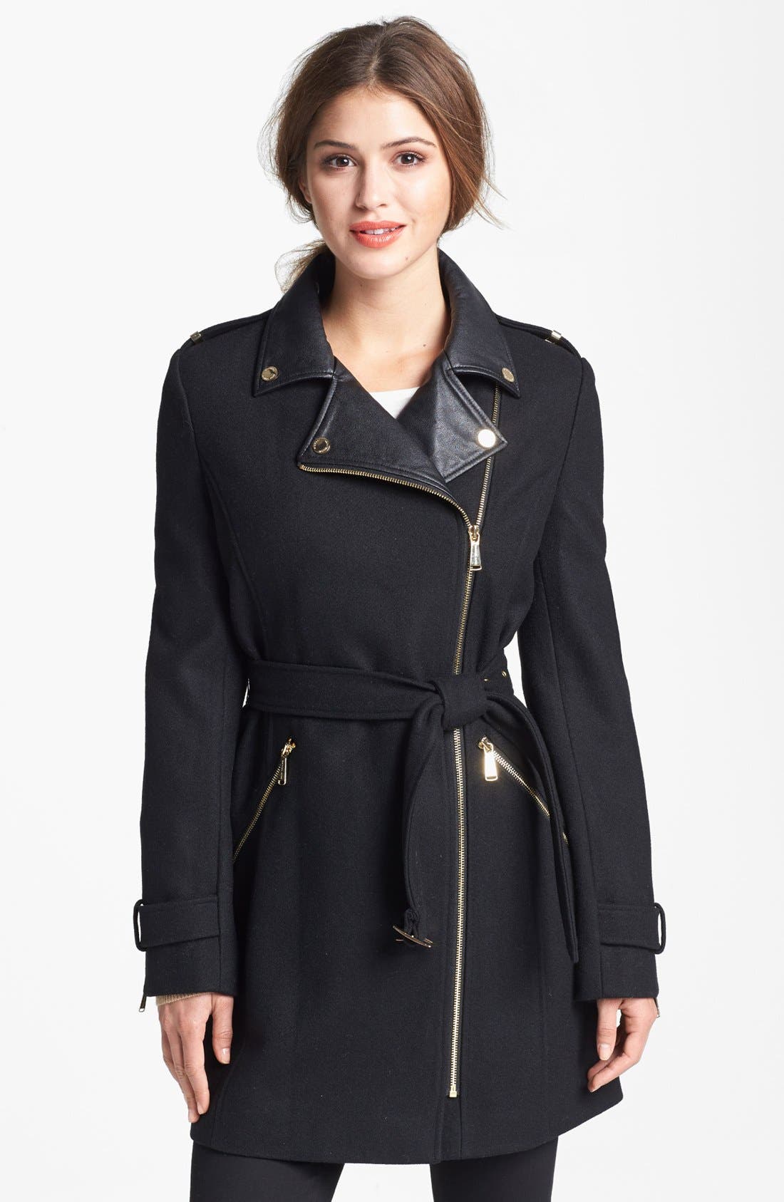 MICHAEL Michael Kors Faux Leather Collar Wool Blend Coat Nordstrom