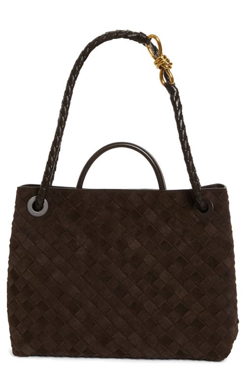 Shop Bottega Veneta Medium Andiamo Intrecciato Suede Shoulder Bag In 2272 Fondant-m Brass-fond