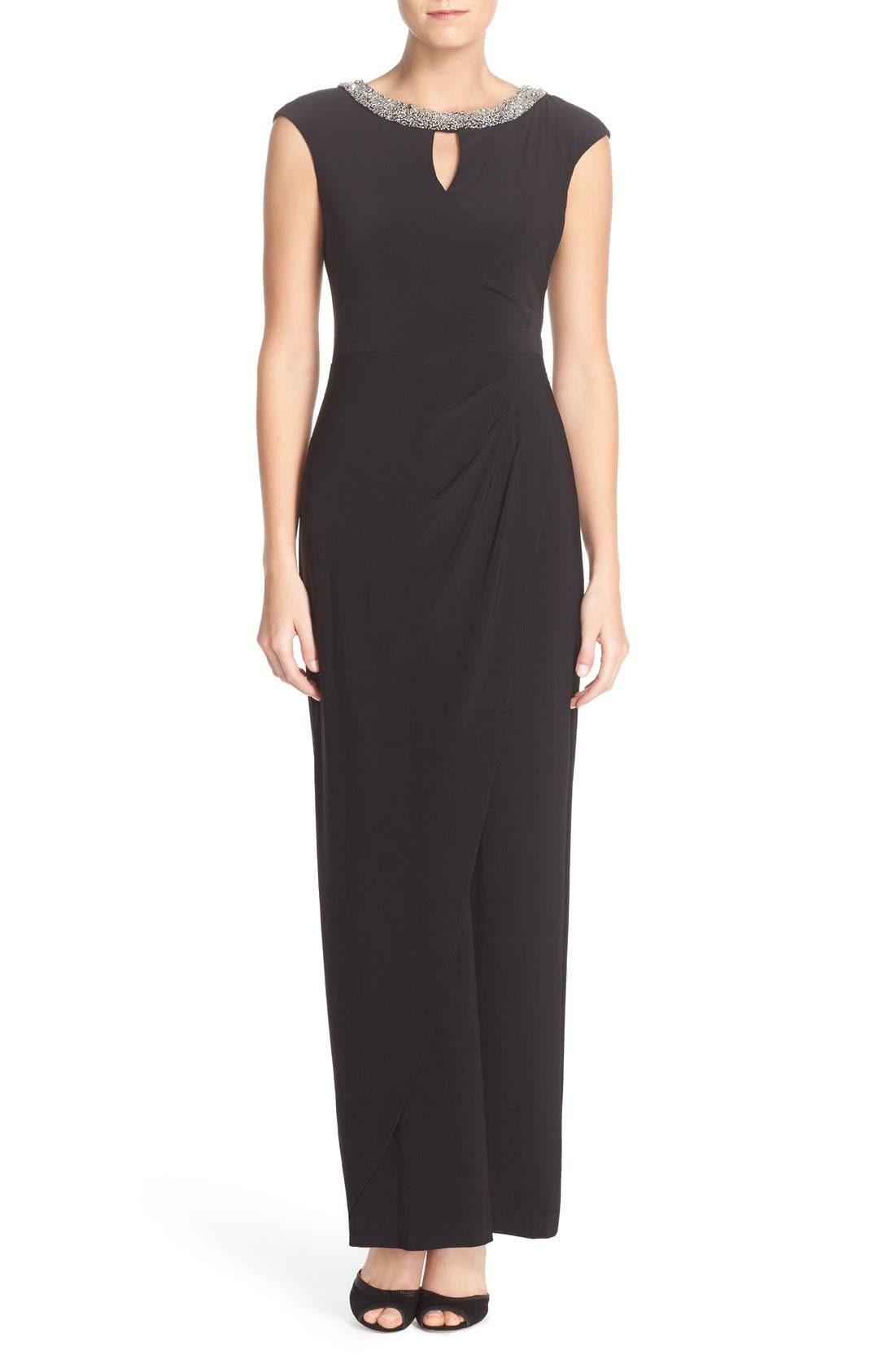 Alex Evenings Beaded Neck Ruched Jersey Gown (Regular & Petite) Nordstrom