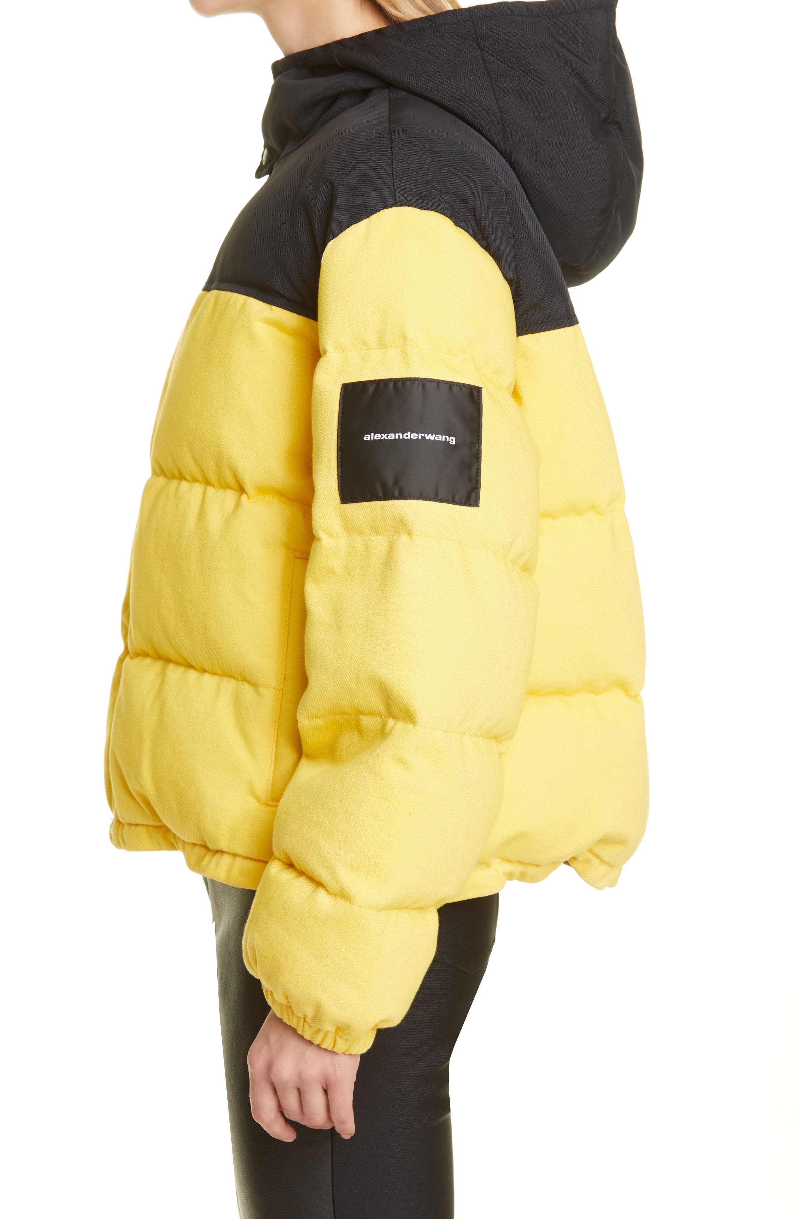 Alexander Wang Colorblock Hooded Denim Puffer Jacket in Yellow at Nordstrom, Size Medium