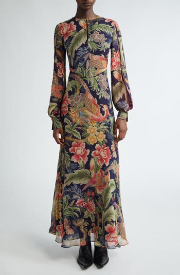 Floral Long Sleeve Silk Maxi Dress