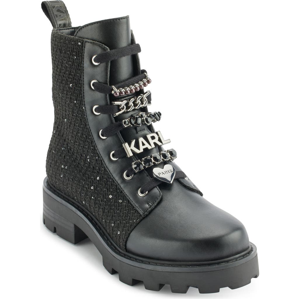 Karl Lagerfeld Paris Mela Combat Boot In Black/silver