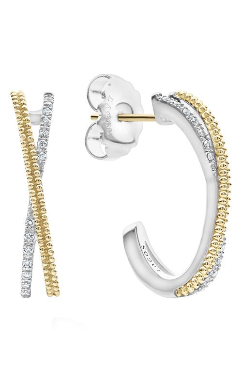 Shop Lagos Caviar Lux Diamond Crossover Hoop Earrings In Silver/diamond