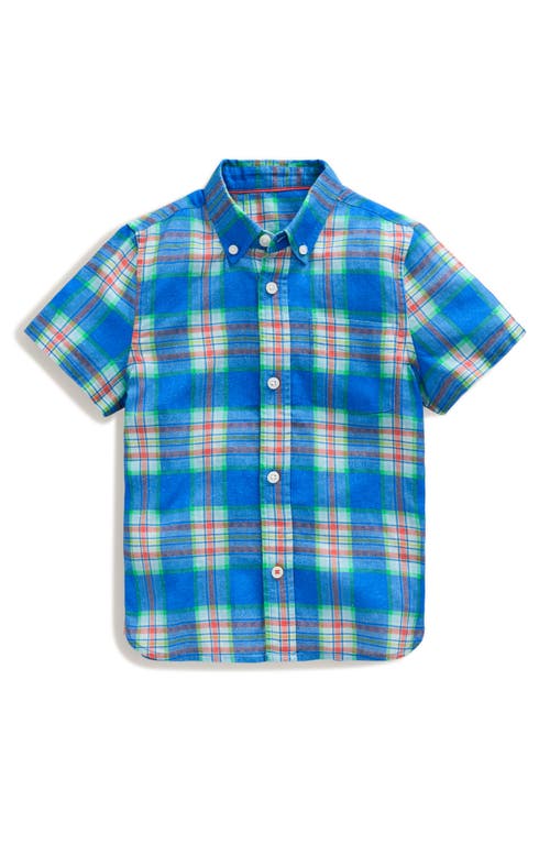 Mini Boden Kids' Plaid Short Sleeve Linen & Cotton Button-down Shirt In Blue/green Check