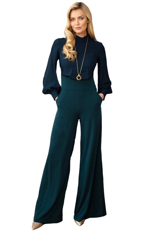 Shop Hotsquash London Clothing Blouson Sleeve Wide Leg Jumpsuit In Woodland Teal