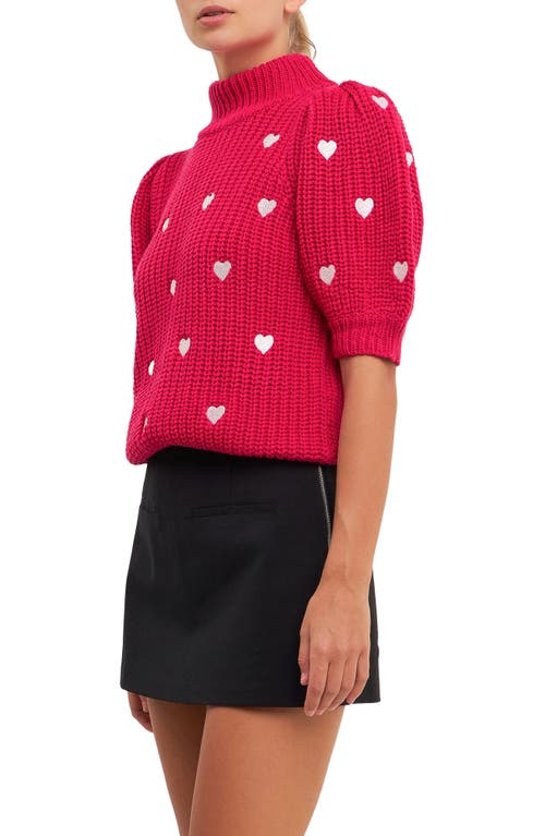 Shop English Factory Heart Embroidered Puff Sleeve Sweater In Fuchsia/white