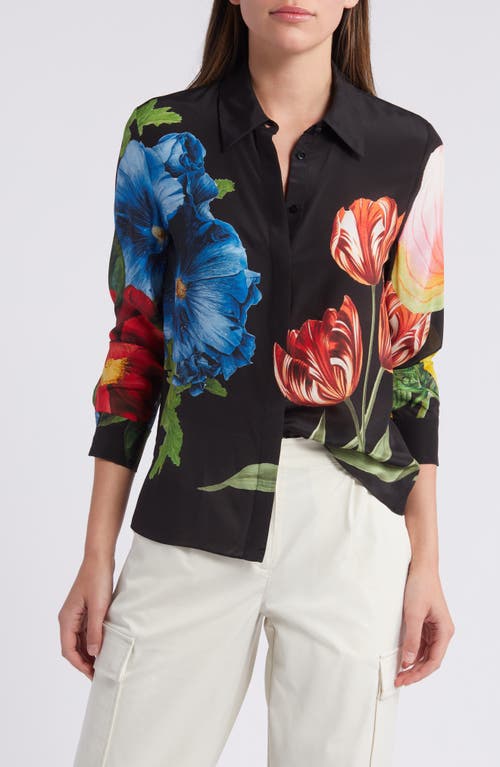 Shop Alice And Olivia Alice + Olivia Willa Floral Silk Button-up Shirt In Le Parisien Black